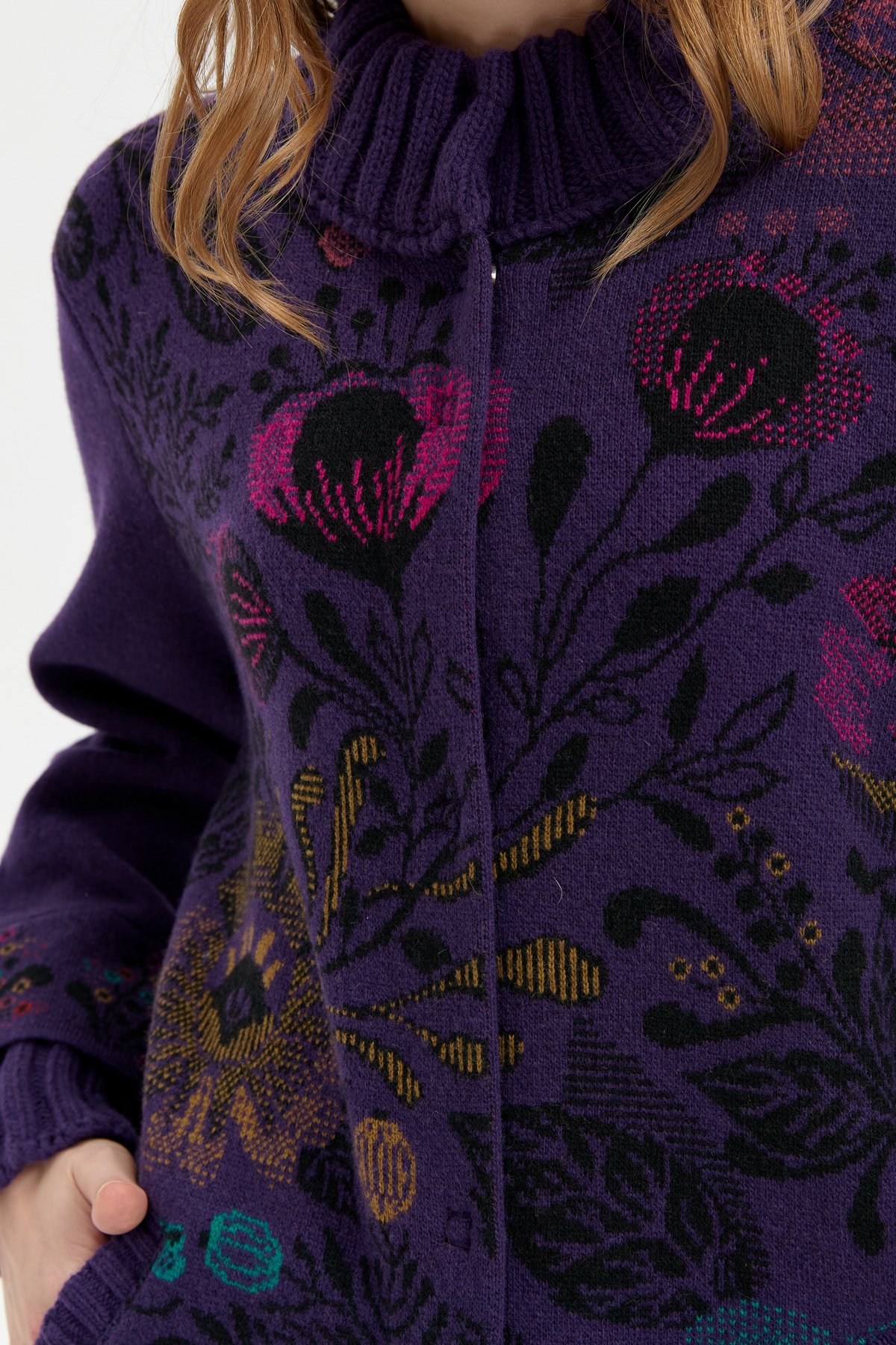 24051Kadın Dik Yaka Önü Renkli Çiçekli Uzun Yün Kaban K.Mor