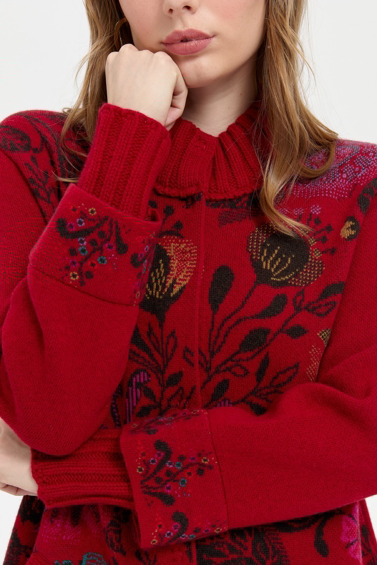 24051Kadın Dik Yaka Önü Renkli Çiçekli Uzun Yün Kaban K.Kırmızı