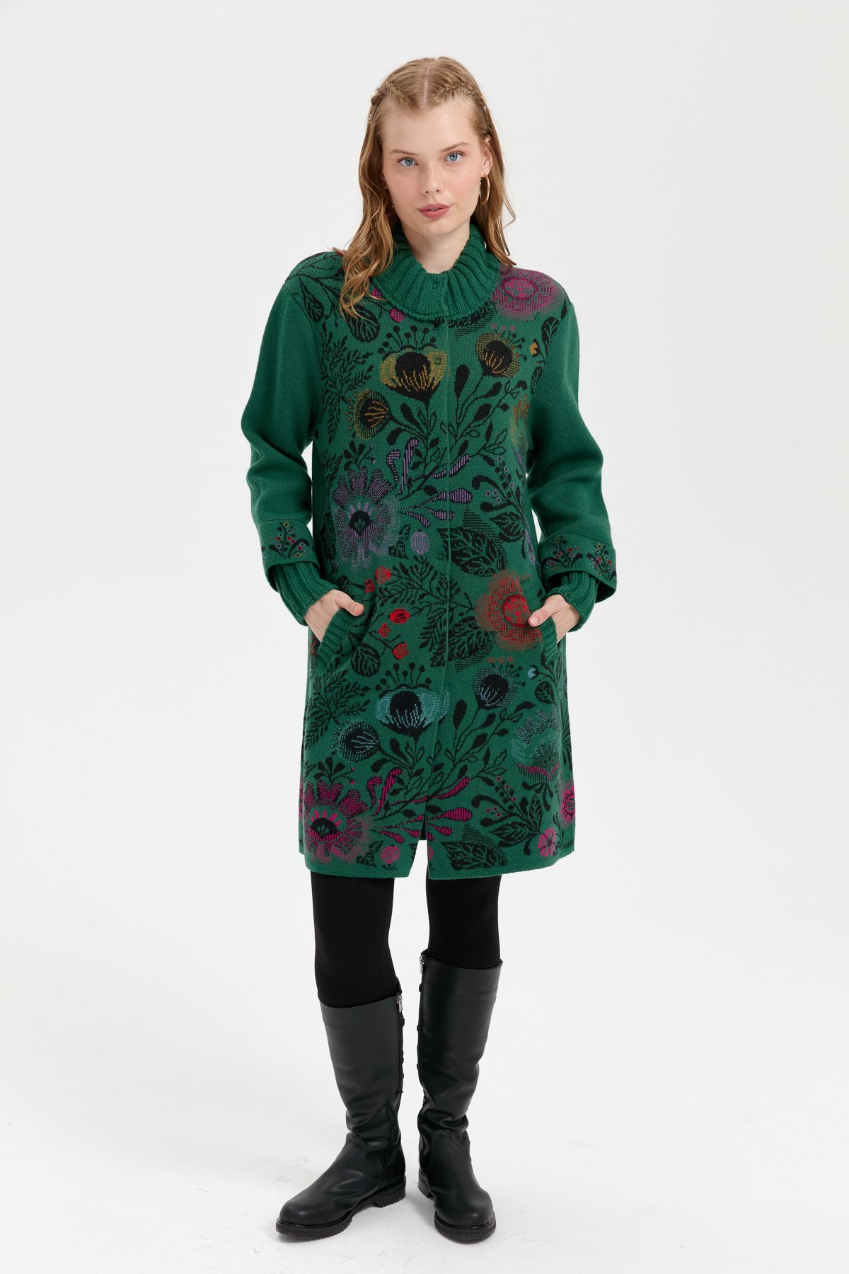 24051Kadın Dik Yaka Önü Renkli Çiçekli Uzun Yün Kaban Ö.Başı