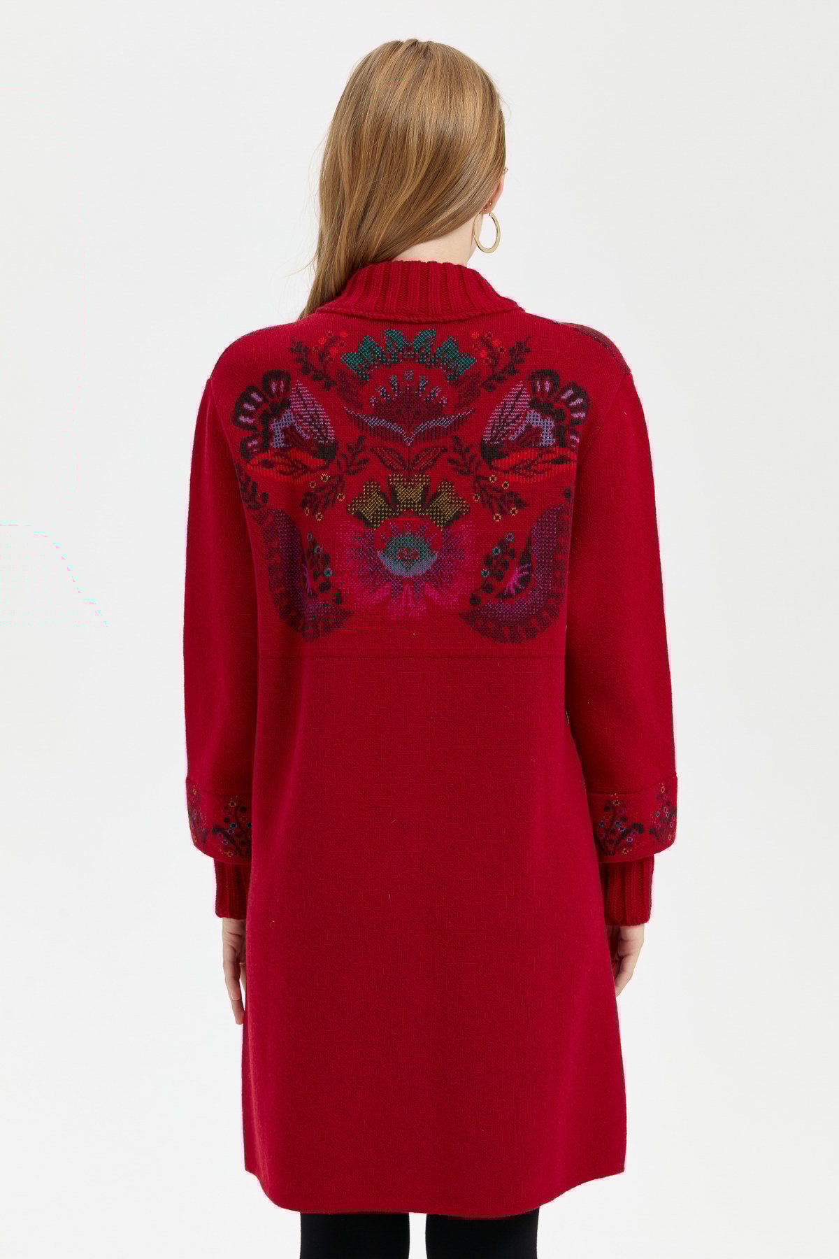 24051Kadın Dik Yaka Önü Renkli Çiçekli Uzun Yün Kaban K.Kırmızı