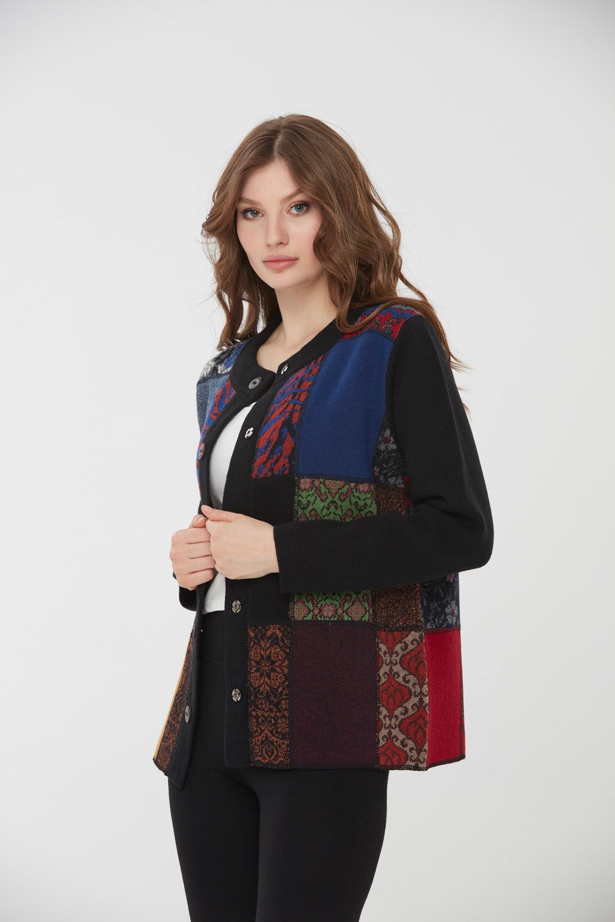 22203Kadın Dik Yaka Patchwork Yün Ceket Siyah