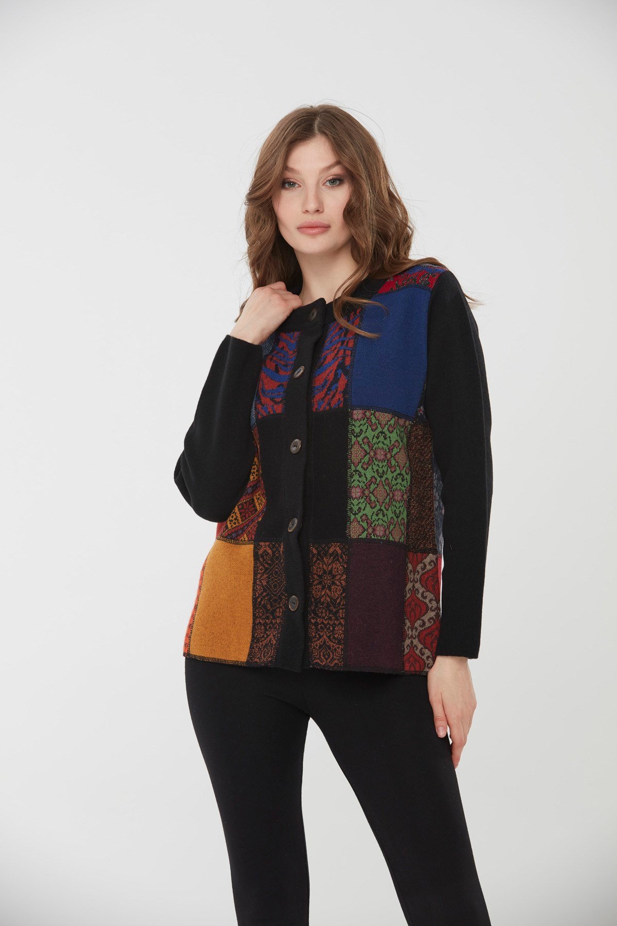 22203Kadın Dik Yaka Patchwork Yün Ceket Siyah