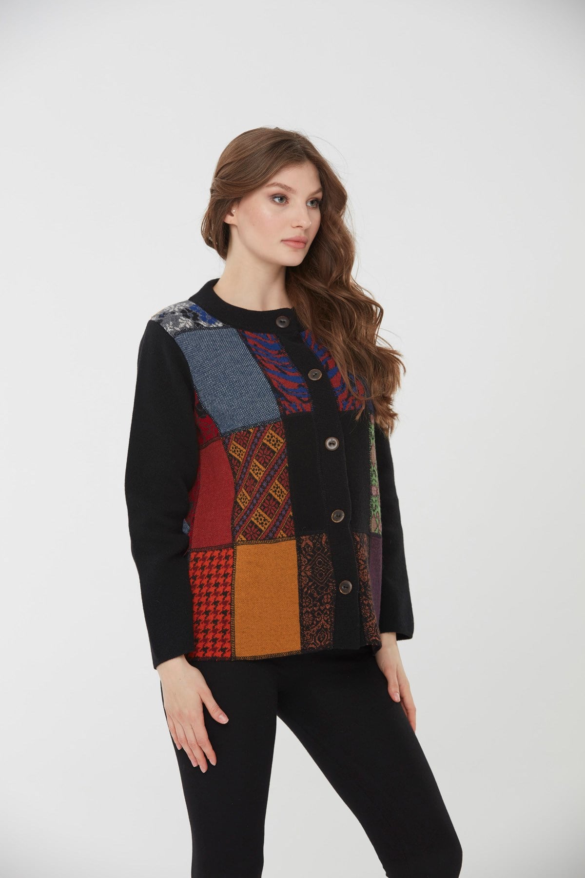22203Kadın Dik Yaka Patchwork Yün Ceket Siyah