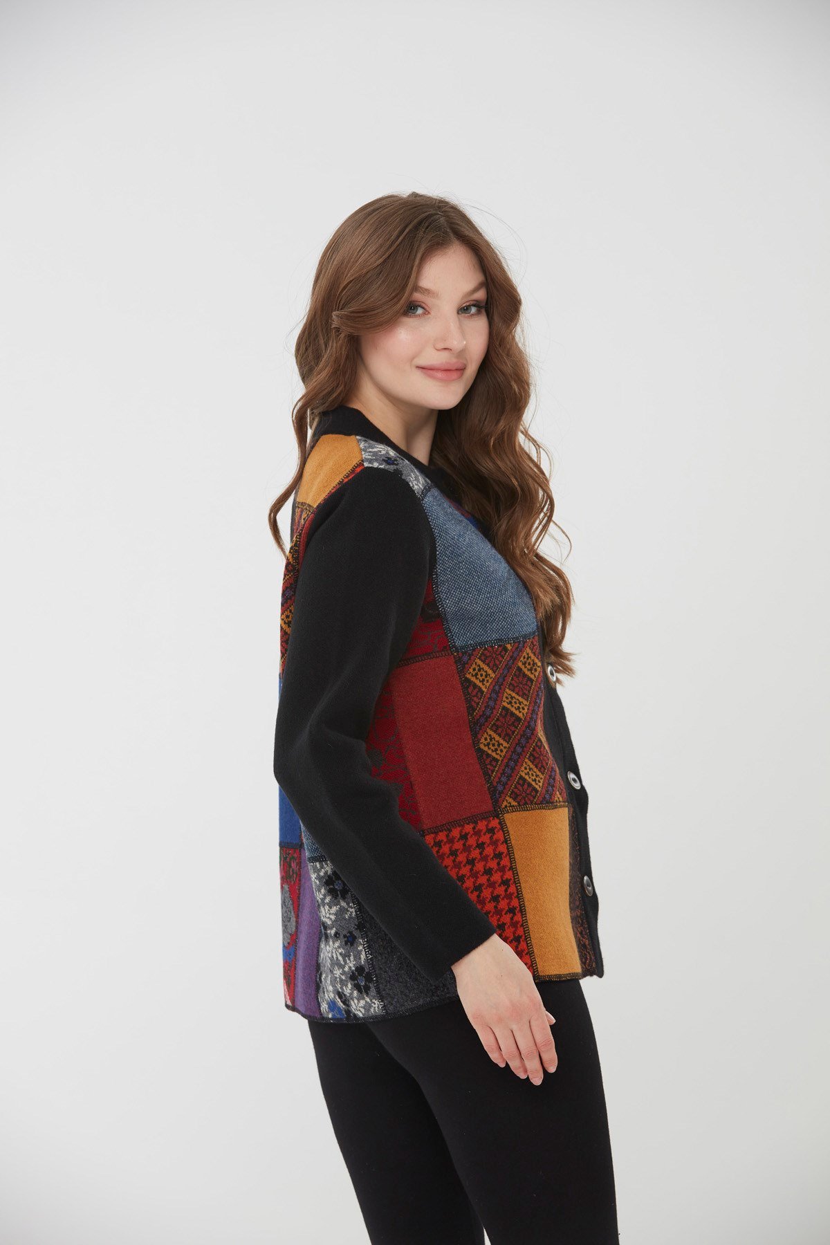 22203Kadın Dik Yaka Patchwork Yün Ceket Siyah