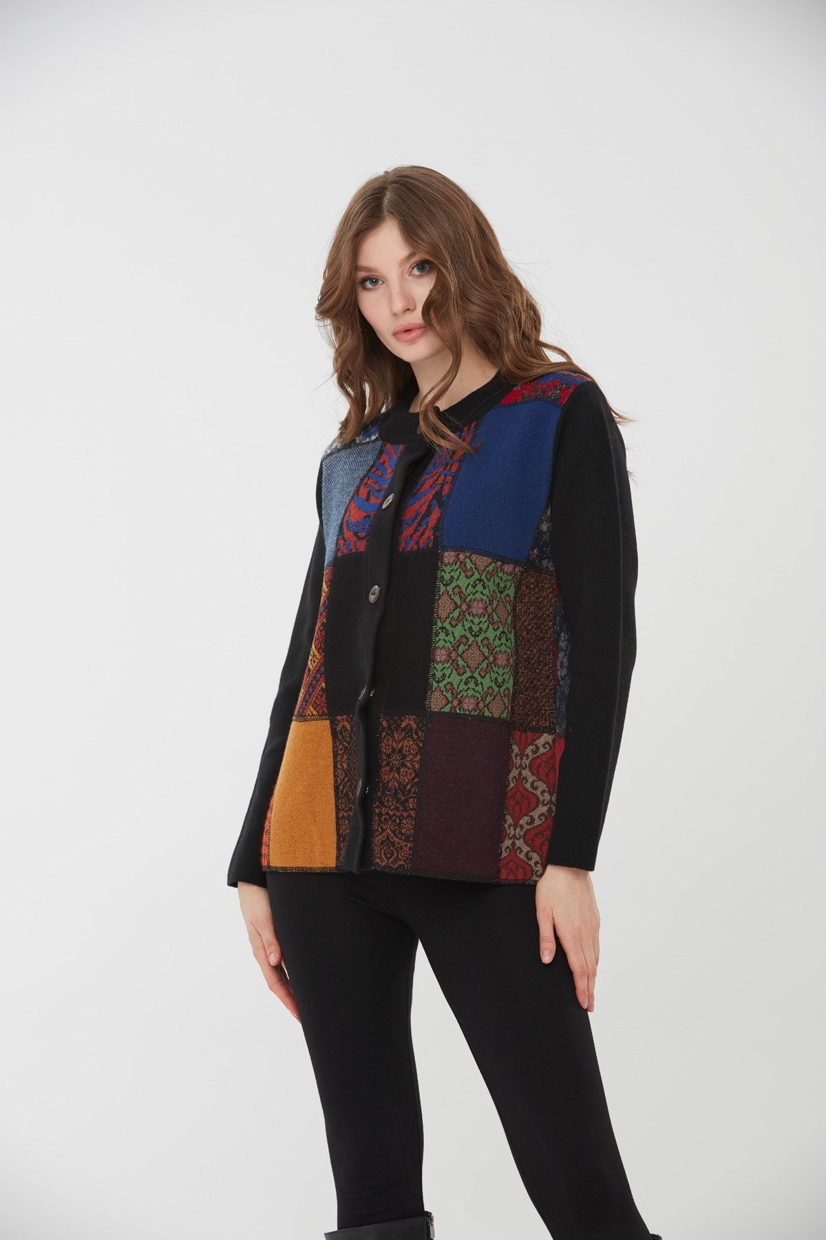 22203Kadın Dik Yaka Patchwork Yün Ceket Siyah