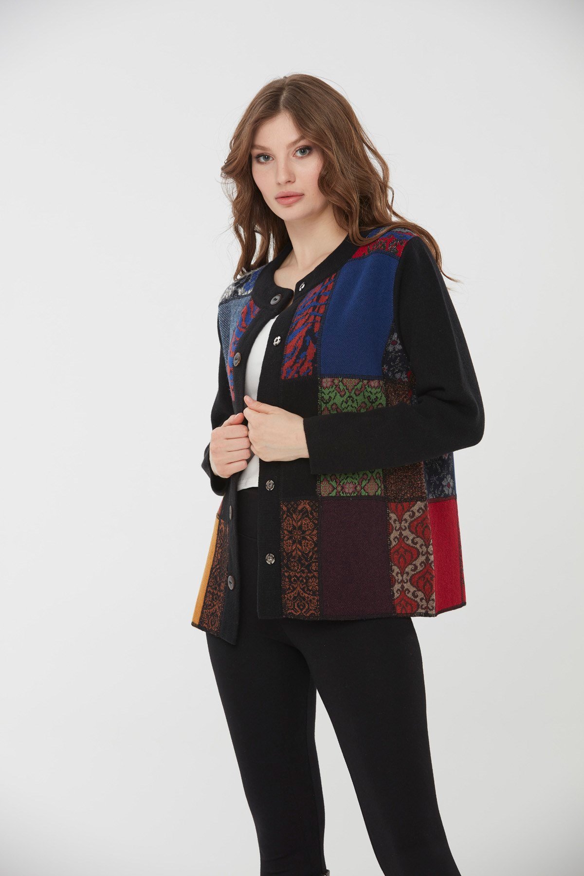 22203Kadın Dik Yaka Patchwork Yün Ceket Siyah