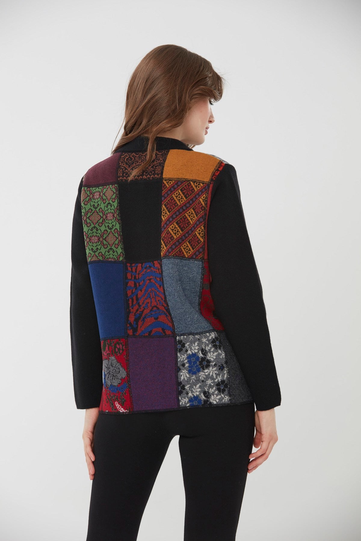 22203Kadın Dik Yaka Patchwork Yün Ceket Siyah