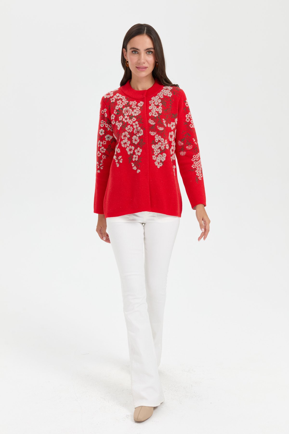24019Kadın Dik Yaka Pıtırcık Çiçekli Yün Ceket Mercan