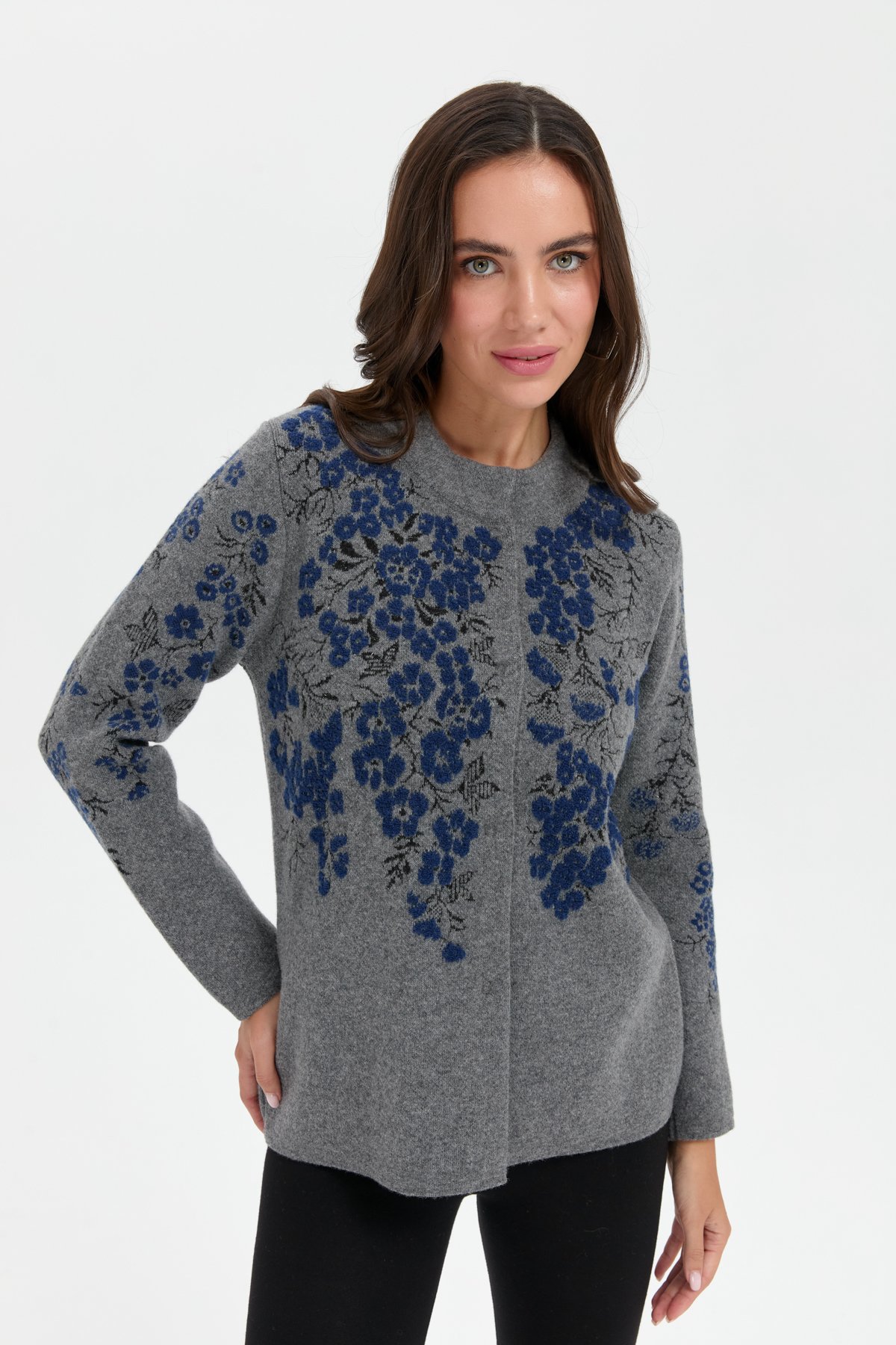 24019Kadın Dik Yaka Pıtırcık Çiçekli Yün Ceket Füme