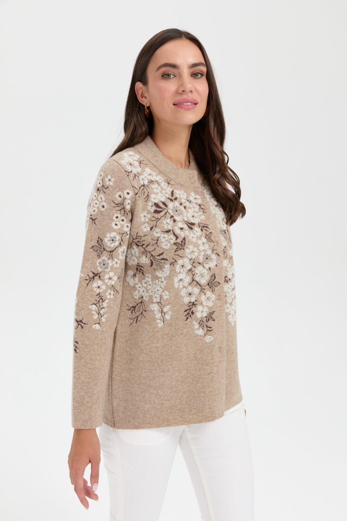 24019Kadın Dik Yaka Pıtırcık Çiçekli Yün Ceket K.Bej