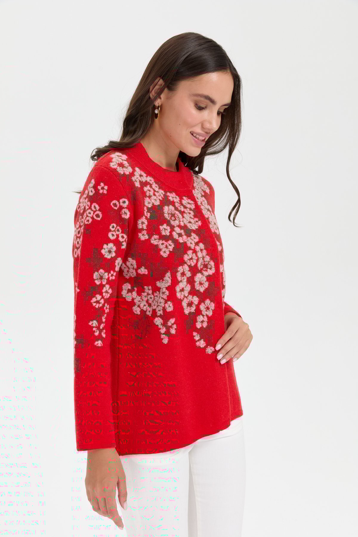 24019Kadın Dik Yaka Pıtırcık Çiçekli Yün Ceket Mercan