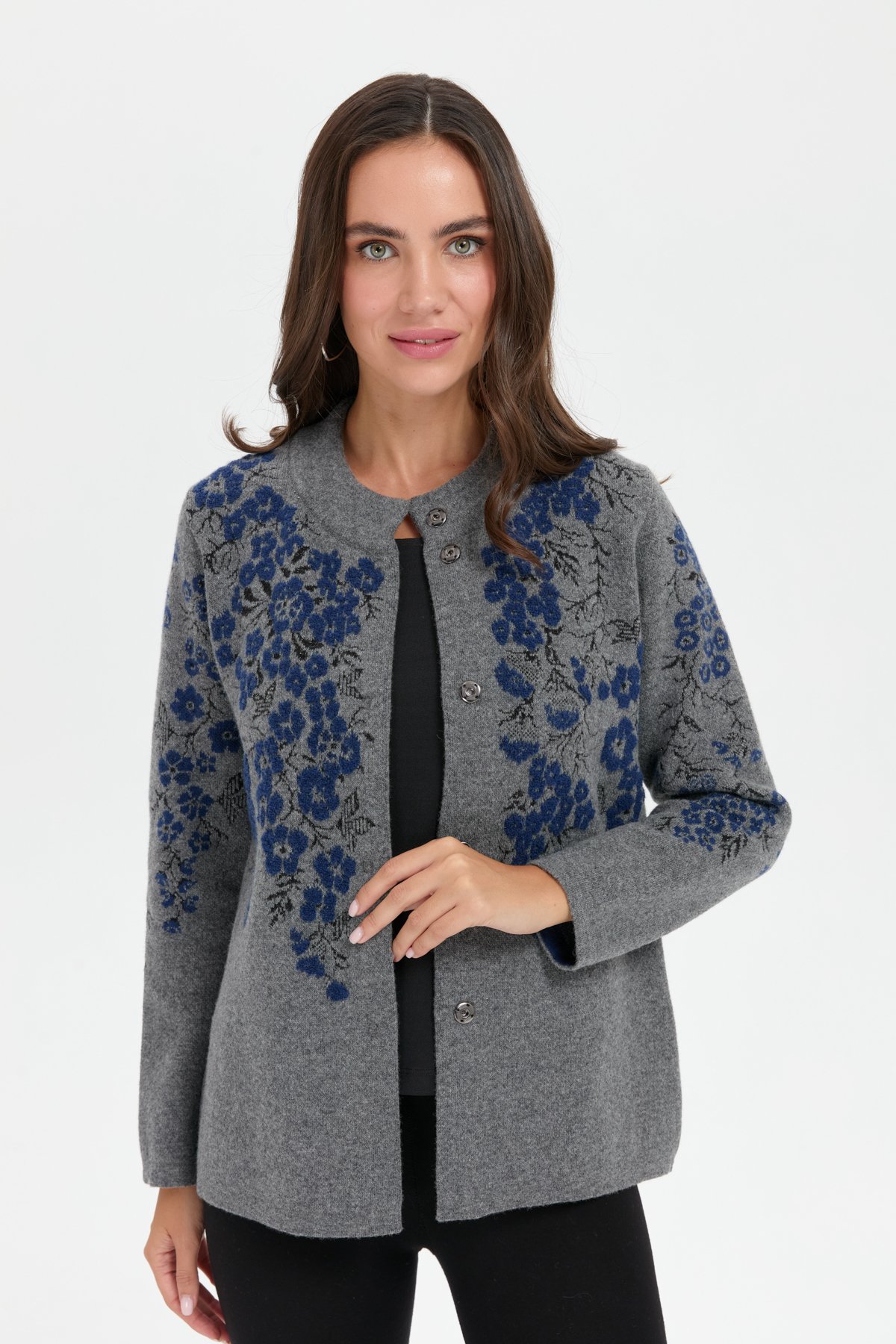 24019Kadın Dik Yaka Pıtırcık Çiçekli Yün Ceket Füme