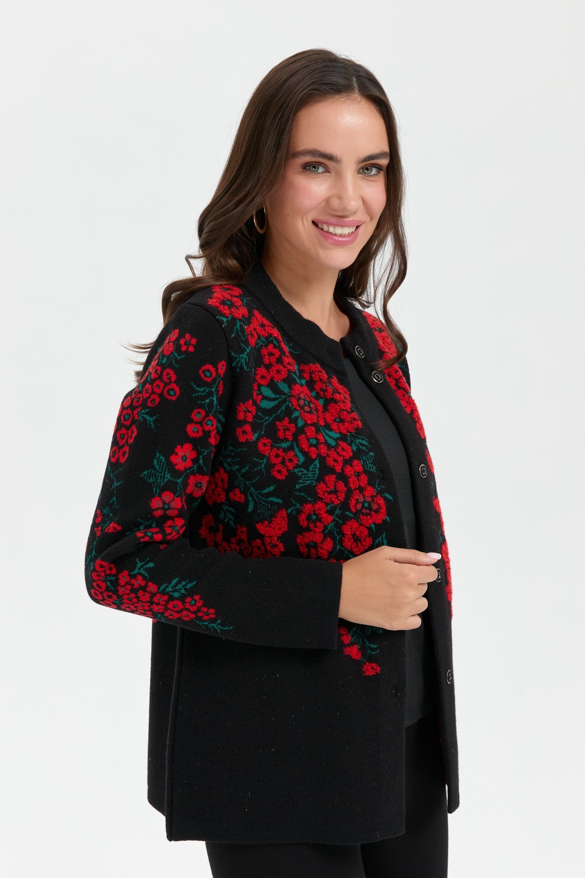 24019Kadın Dik Yaka Pıtırcık Çiçekli Yün Ceket Siyah