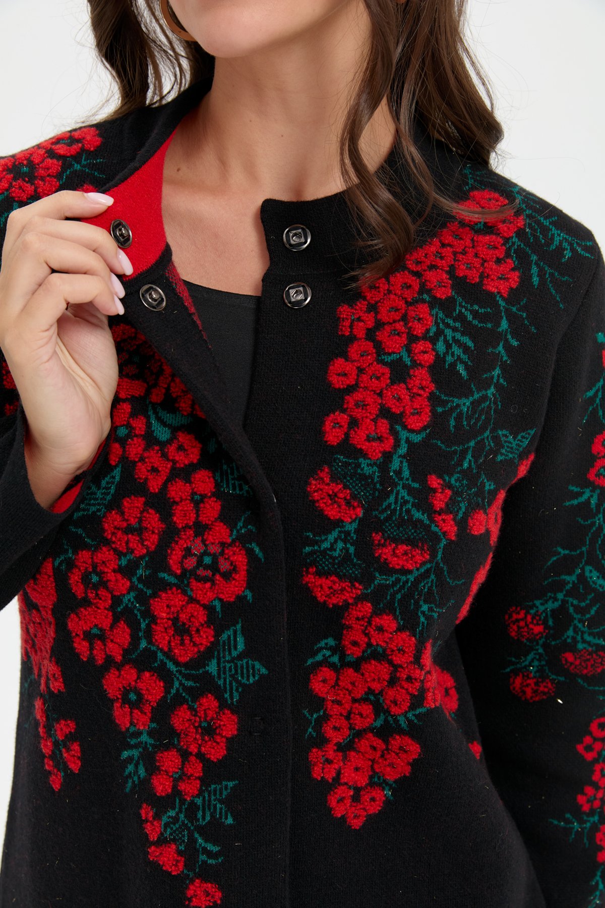 24019Kadın Dik Yaka Pıtırcık Çiçekli Yün Ceket Siyah