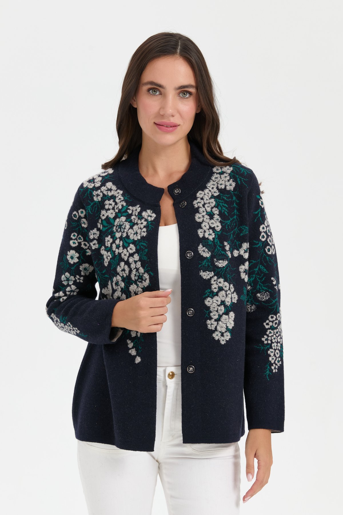 24019Kadın Dik Yaka Pıtırcık Çiçekli Yün Ceket K.Lacivert