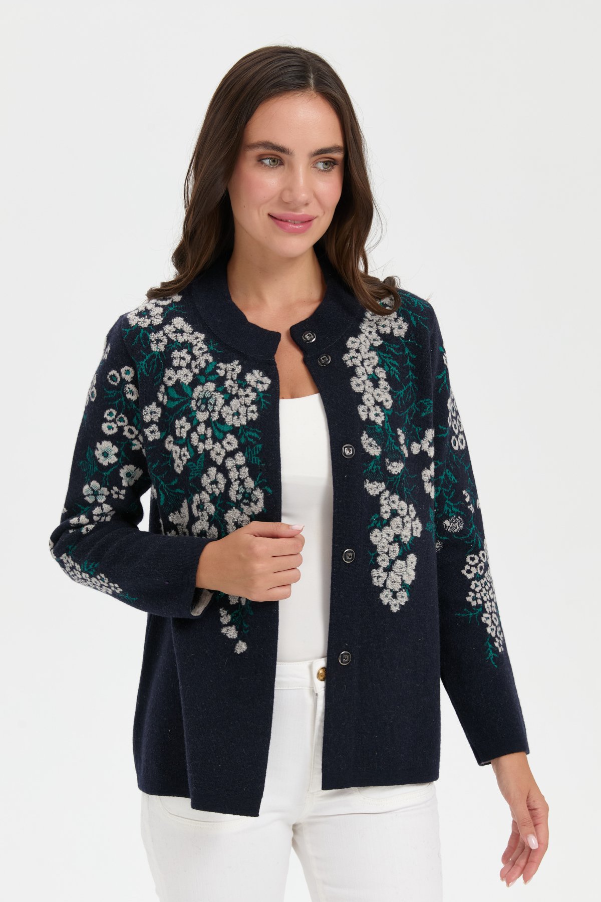 24019Kadın Dik Yaka Pıtırcık Çiçekli Yün Ceket K.Lacivert