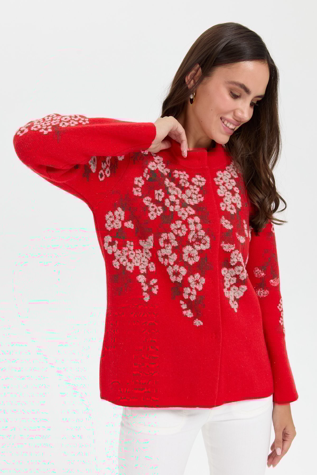 24019Kadın Dik Yaka Pıtırcık Çiçekli Yün Ceket Mercan