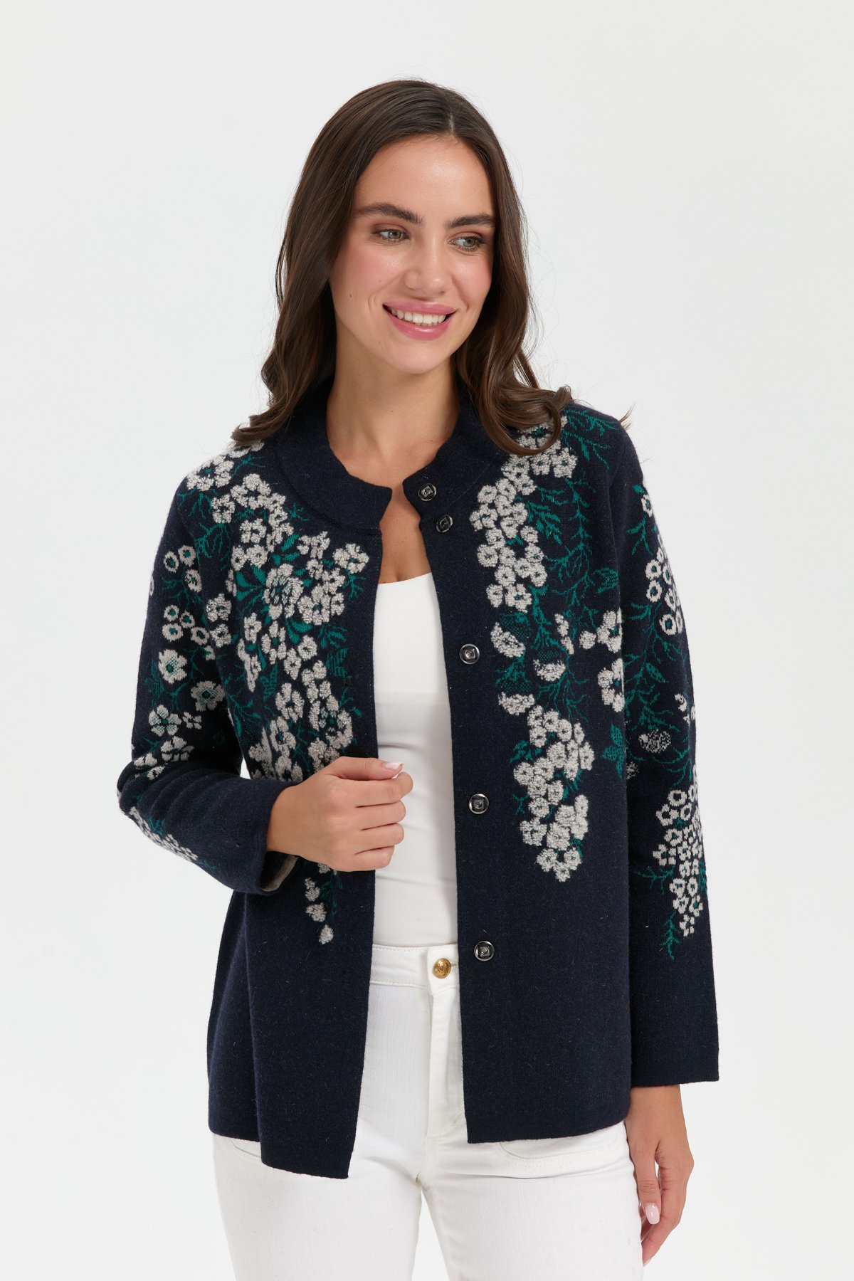 24019Kadın Dik Yaka Pıtırcık Çiçekli Yün Ceket K.Lacivert