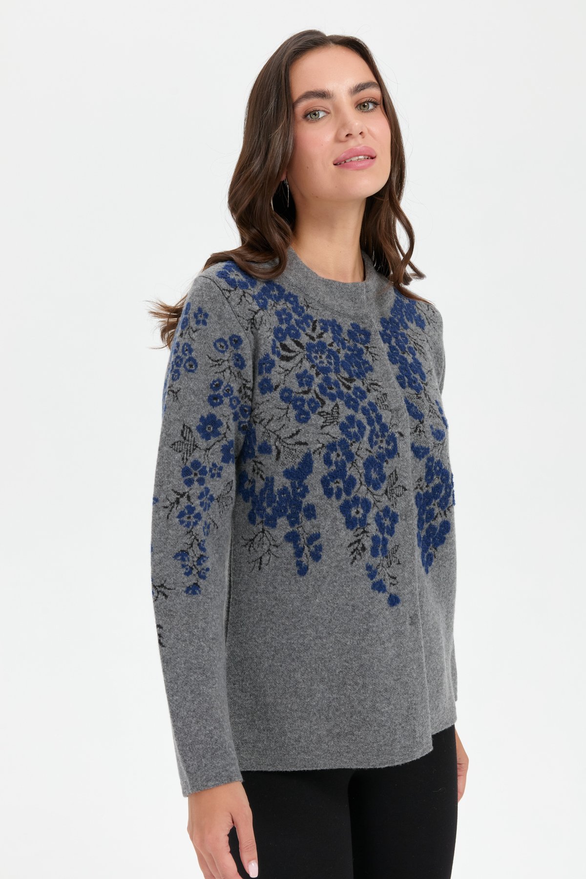 24019Kadın Dik Yaka Pıtırcık Çiçekli Yün Ceket Füme