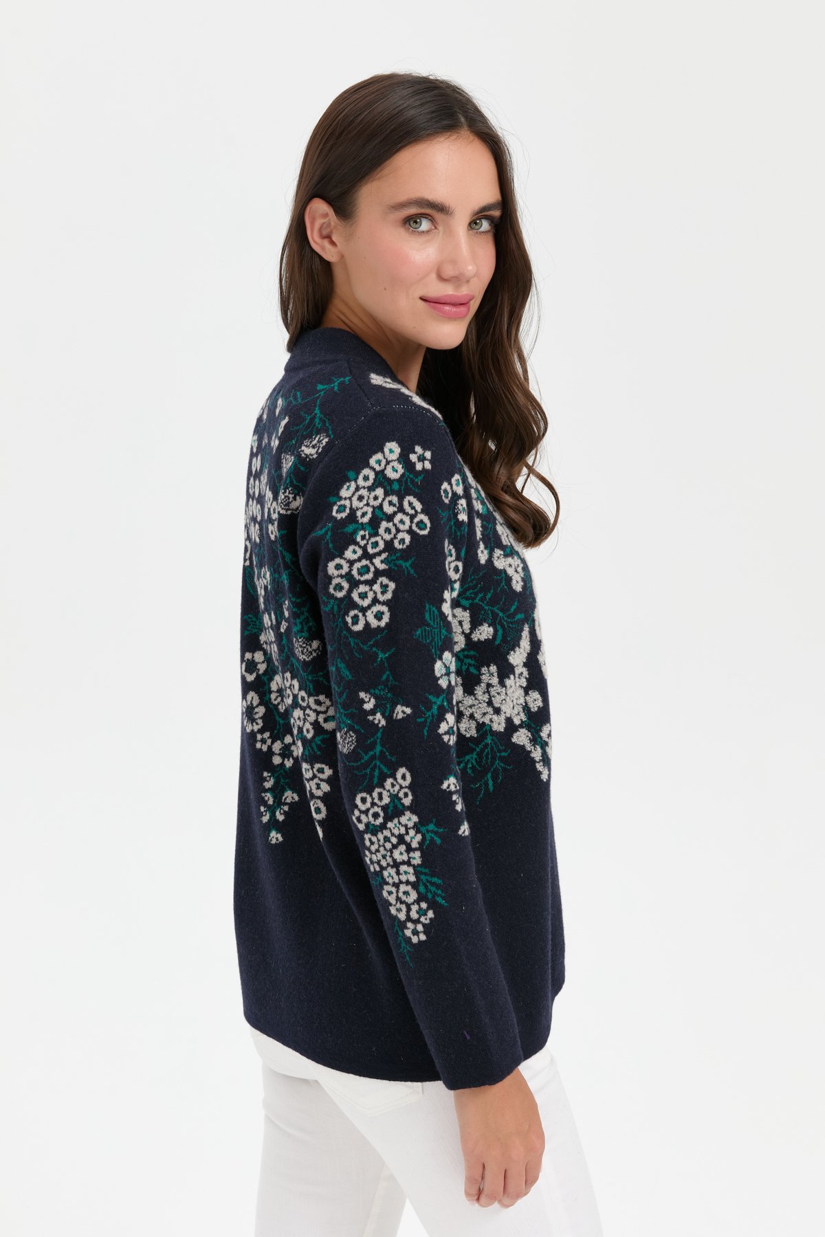 24019Kadın Dik Yaka Pıtırcık Çiçekli Yün Ceket K.Lacivert