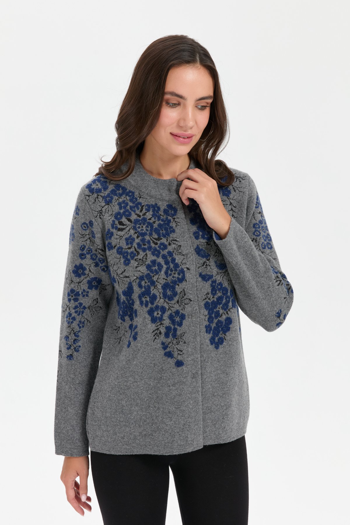 24019Kadın Dik Yaka Pıtırcık Çiçekli Yün Ceket Füme