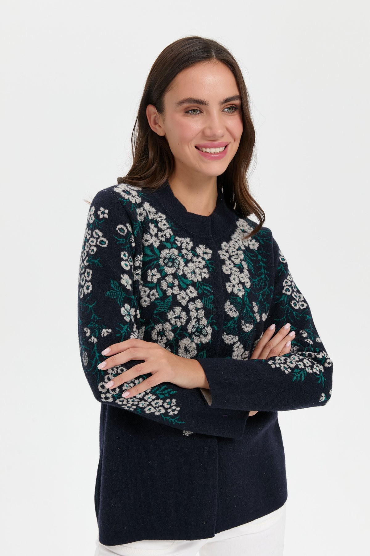 24019Kadın Dik Yaka Pıtırcık Çiçekli Yün Ceket K.Lacivert