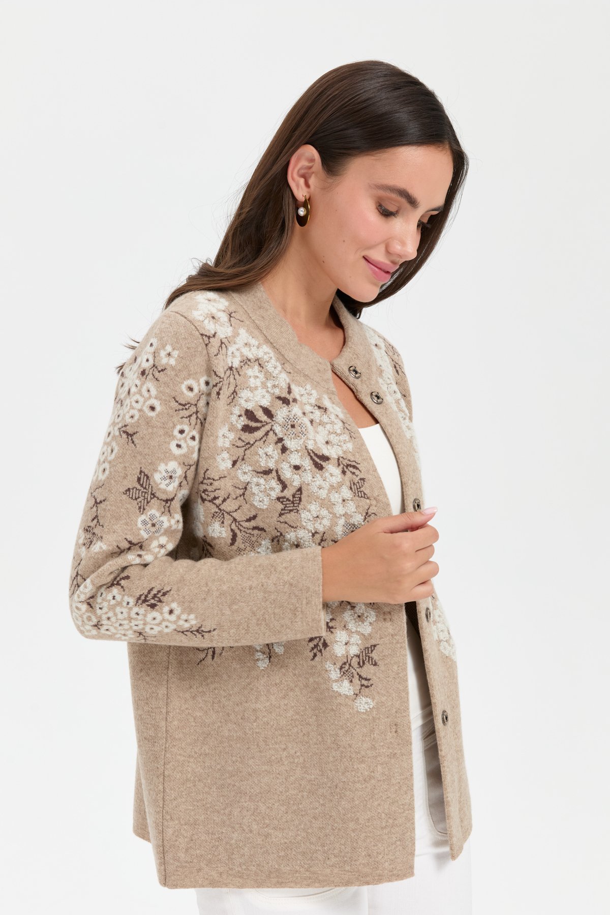 24019Kadın Dik Yaka Pıtırcık Çiçekli Yün Ceket K.Bej