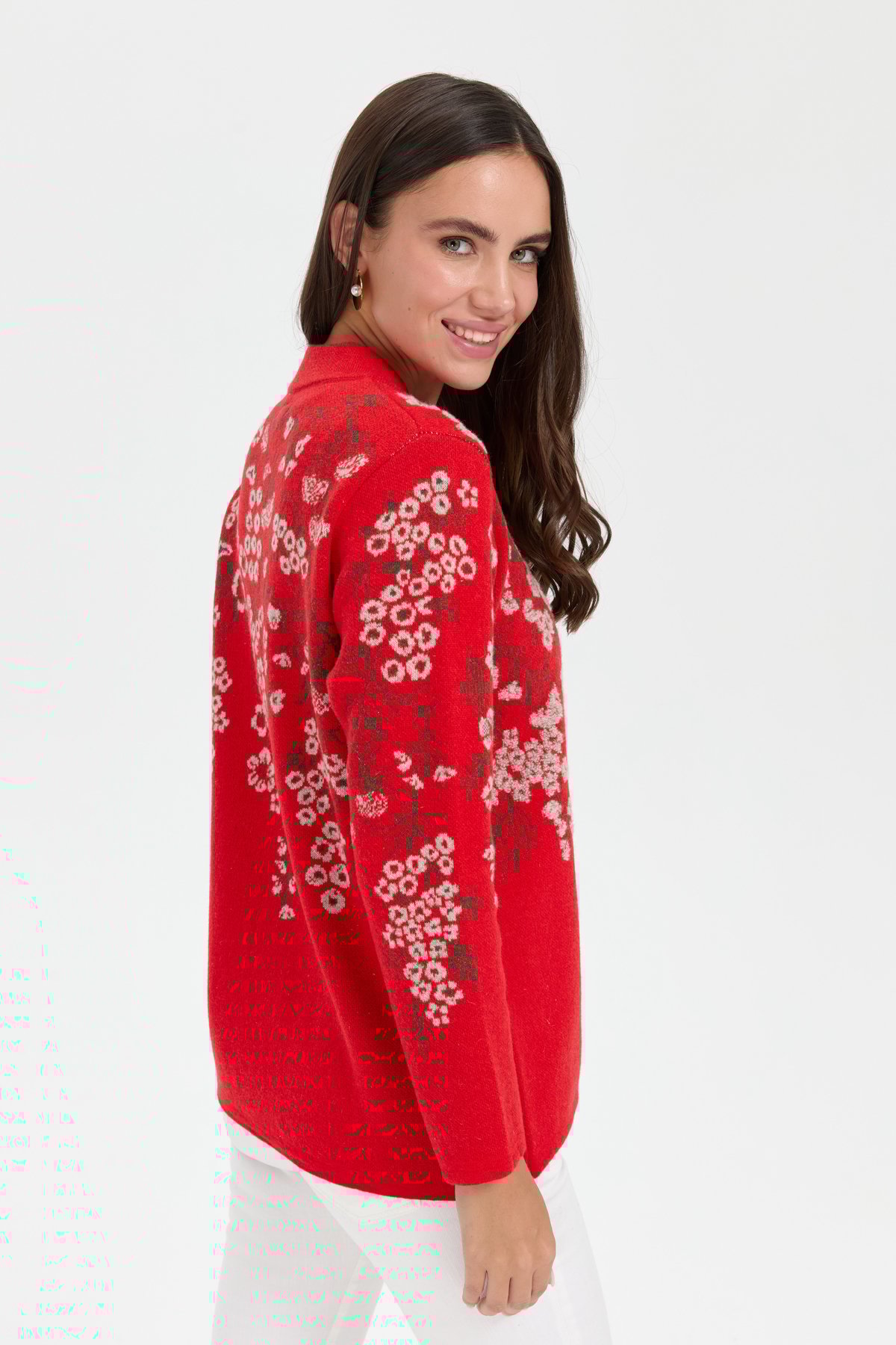 24019Kadın Dik Yaka Pıtırcık Çiçekli Yün Ceket Mercan