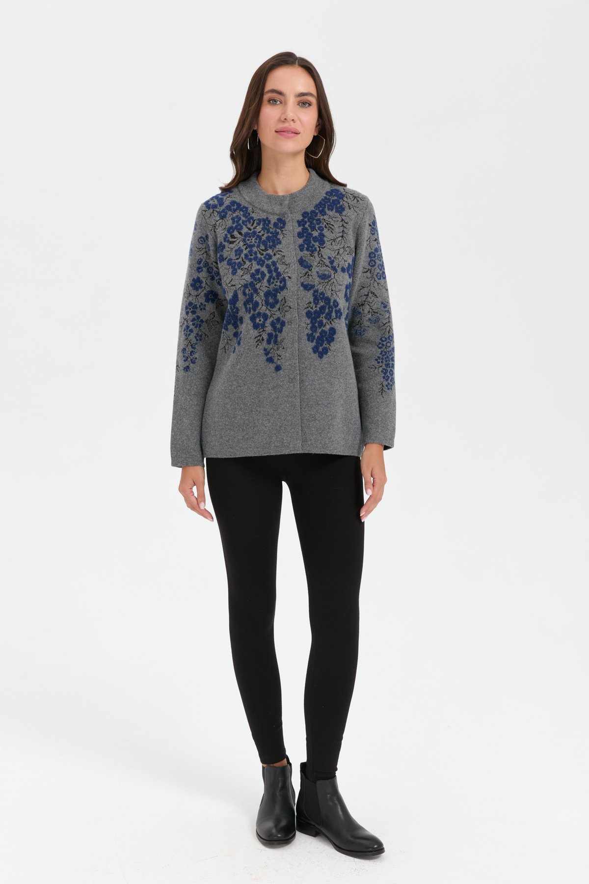 24019Kadın Dik Yaka Pıtırcık Çiçekli Yün Ceket Füme