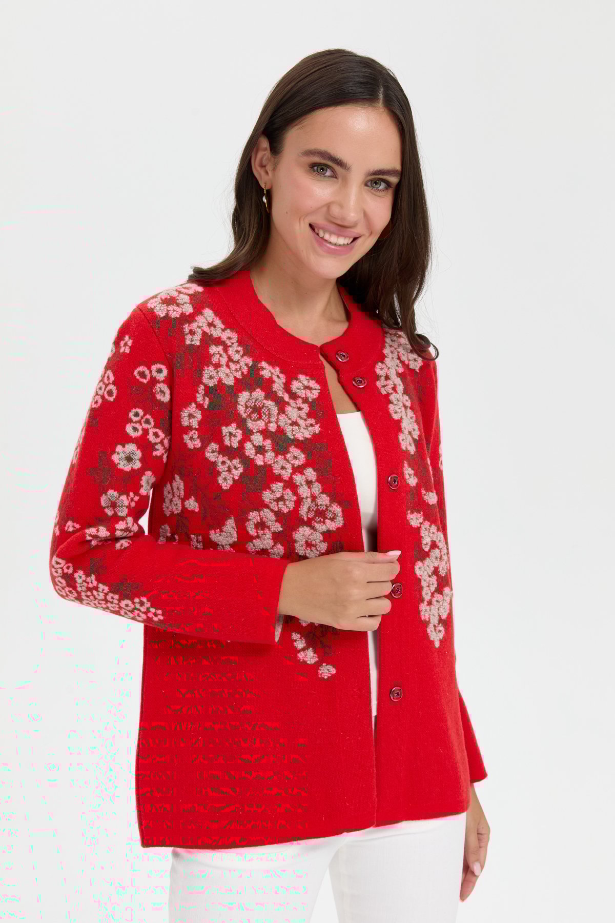 24019Kadın Dik Yaka Pıtırcık Çiçekli Yün Ceket Mercan