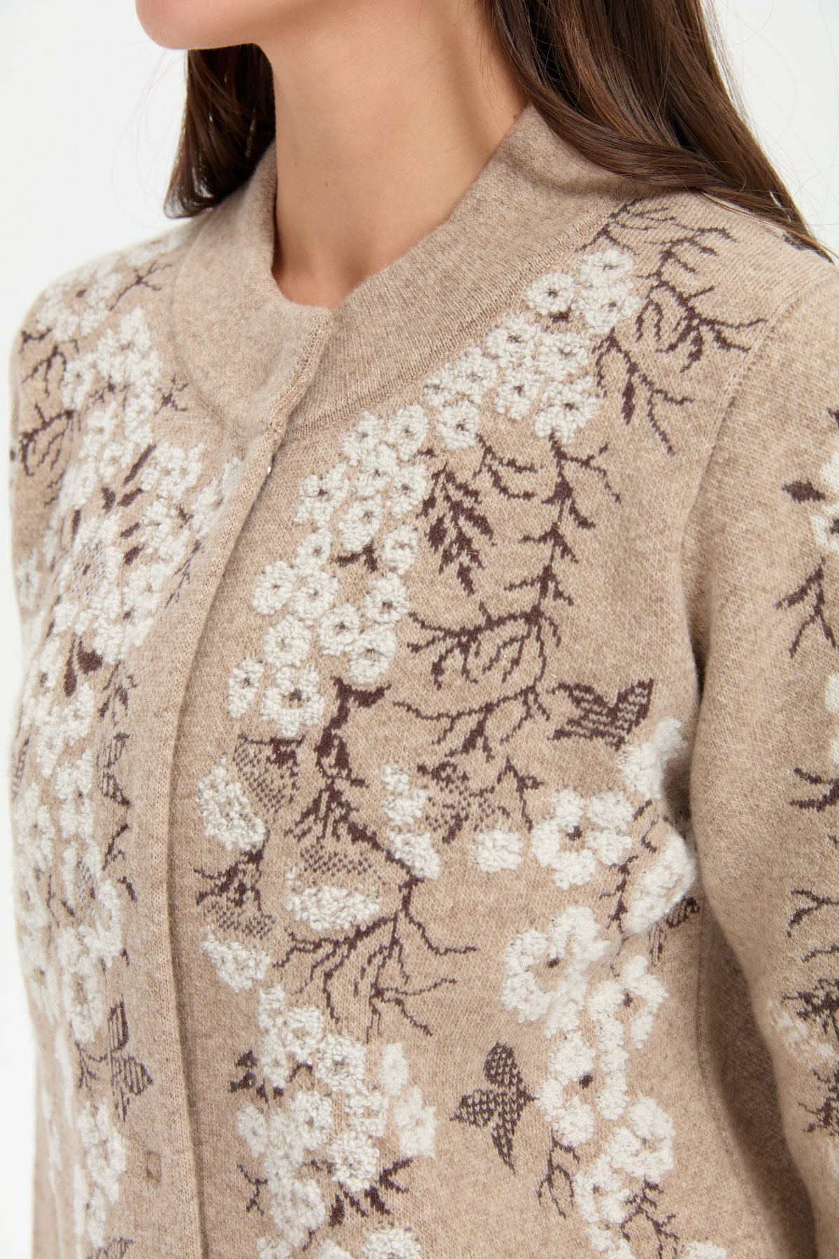 24019Kadın Dik Yaka Pıtırcık Çiçekli Yün Ceket K.Bej