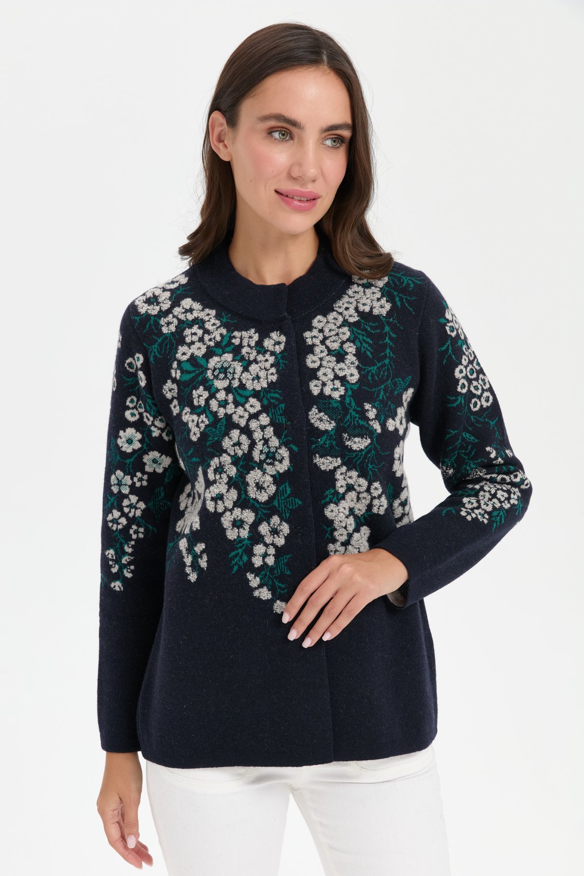24019Kadın Dik Yaka Pıtırcık Çiçekli Yün Ceket K.Lacivert