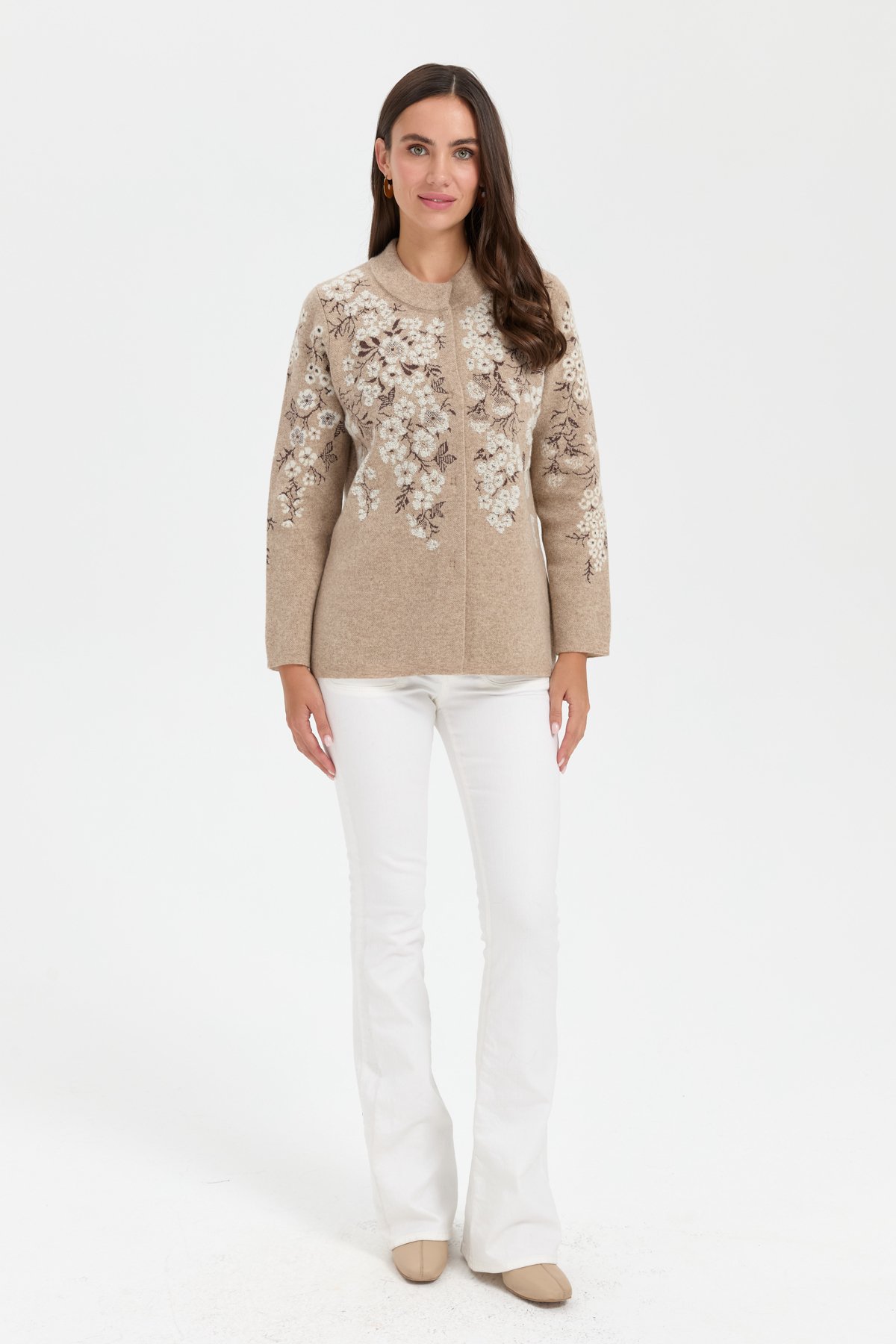 24019Kadın Dik Yaka Pıtırcık Çiçekli Yün Ceket K.Bej
