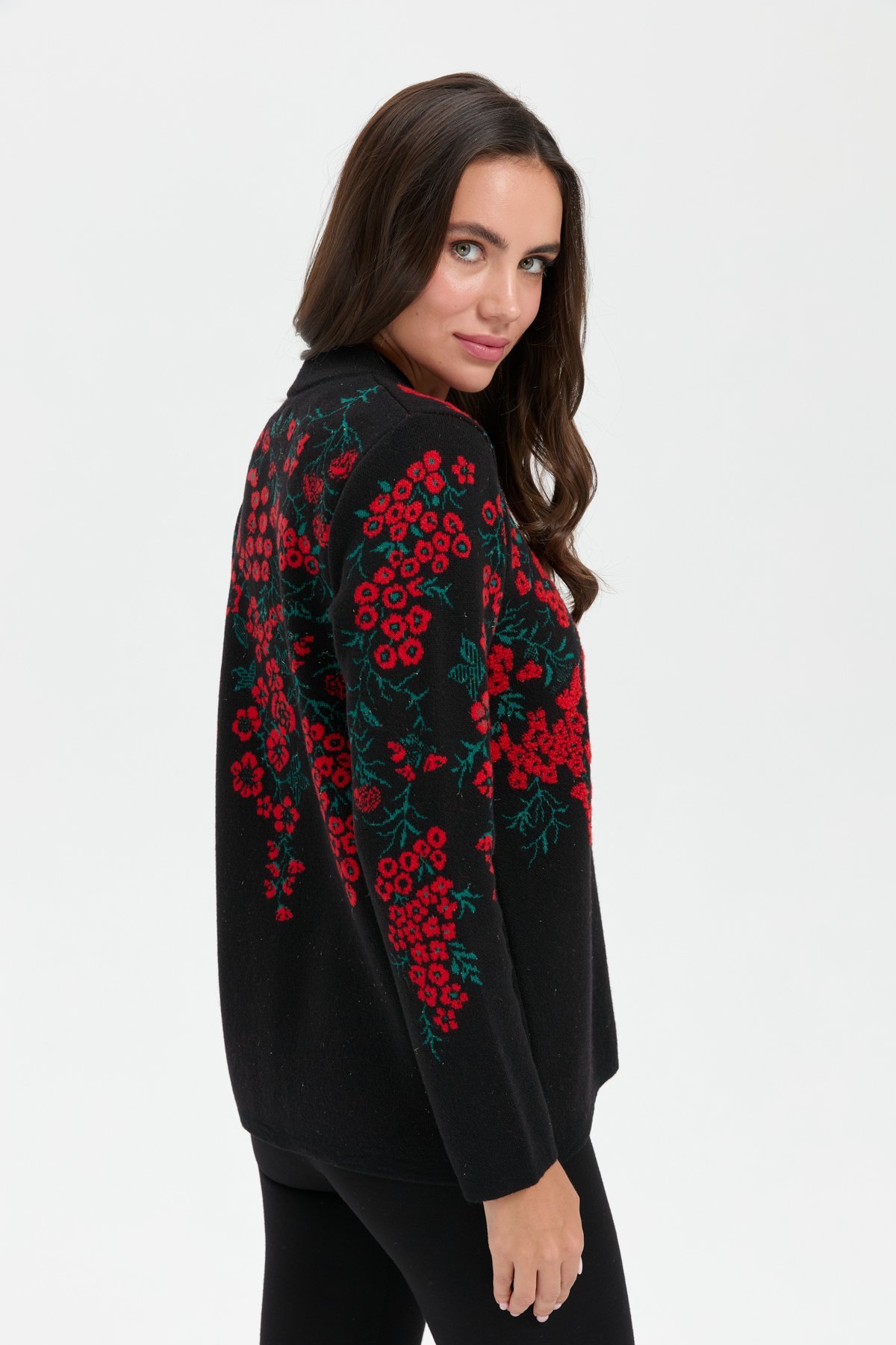 24019Kadın Dik Yaka Pıtırcık Çiçekli Yün Ceket Siyah