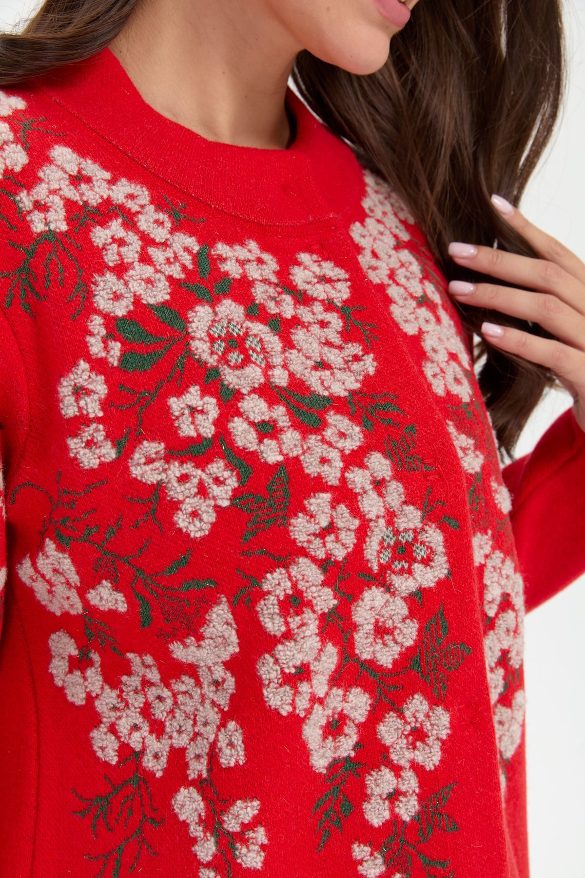 24019Kadın Dik Yaka Pıtırcık Çiçekli Yün Ceket Mercan