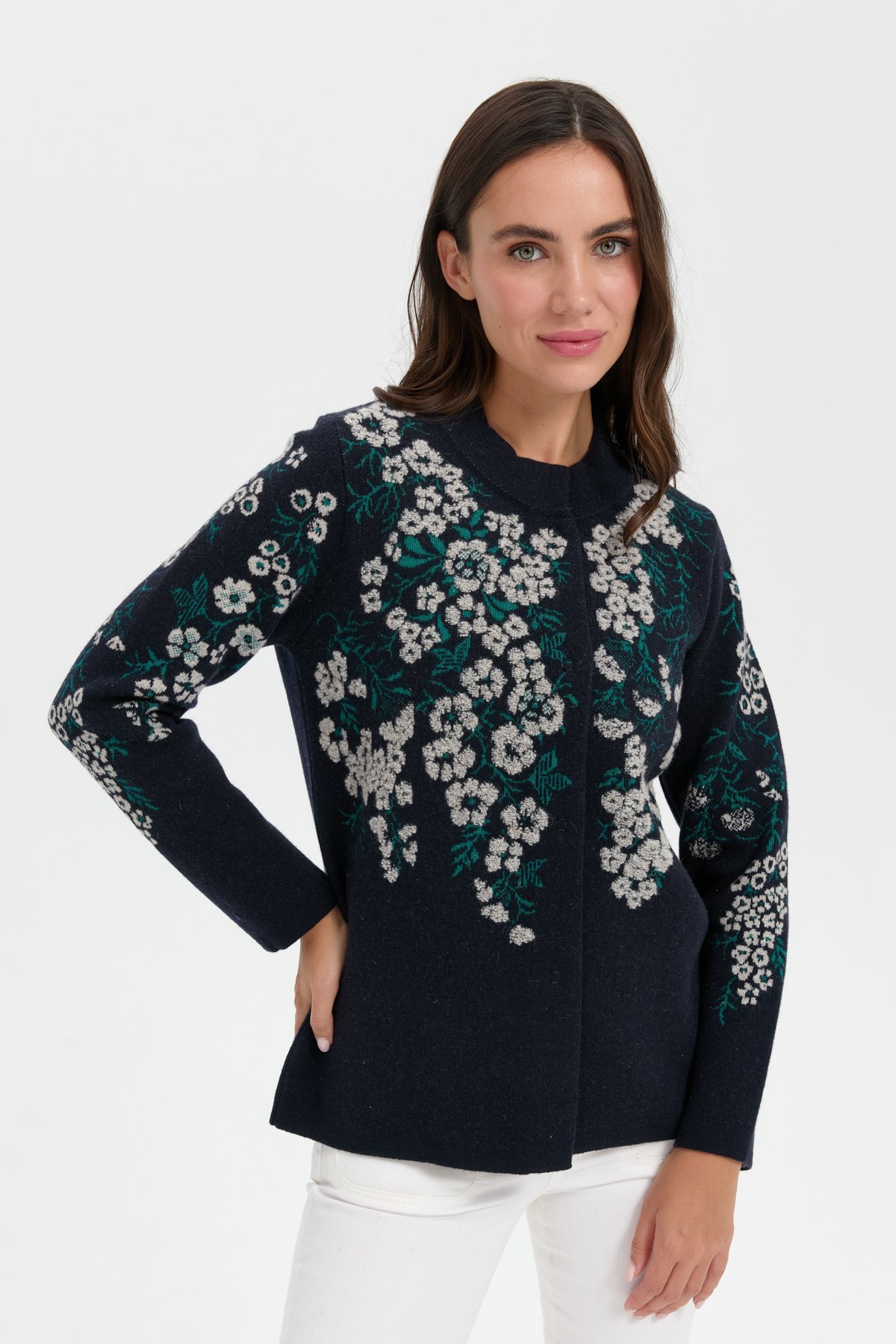 24019Kadın Dik Yaka Pıtırcık Çiçekli Yün Ceket K.Lacivert