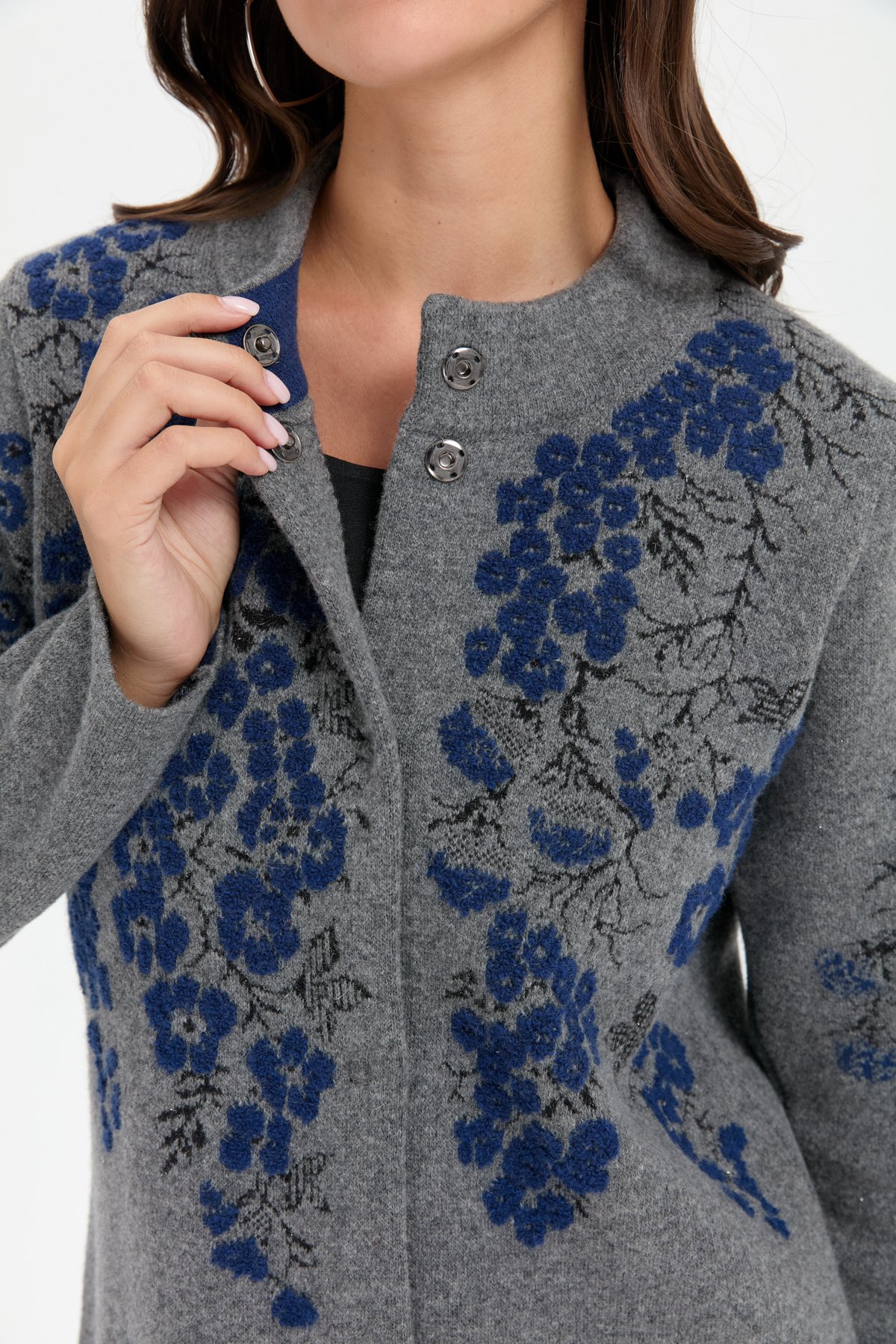 24019Kadın Dik Yaka Pıtırcık Çiçekli Yün Ceket Füme