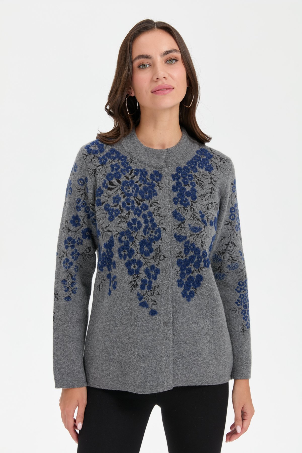 24019Kadın Dik Yaka Pıtırcık Çiçekli Yün Ceket Füme