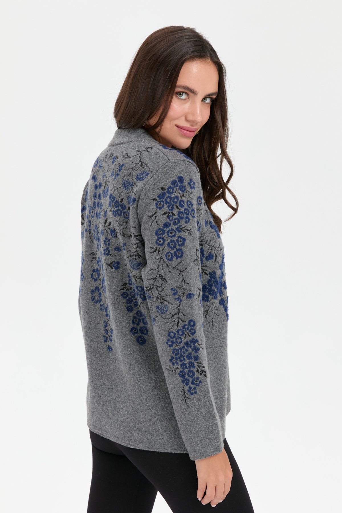 24019Kadın Dik Yaka Pıtırcık Çiçekli Yün Ceket Füme