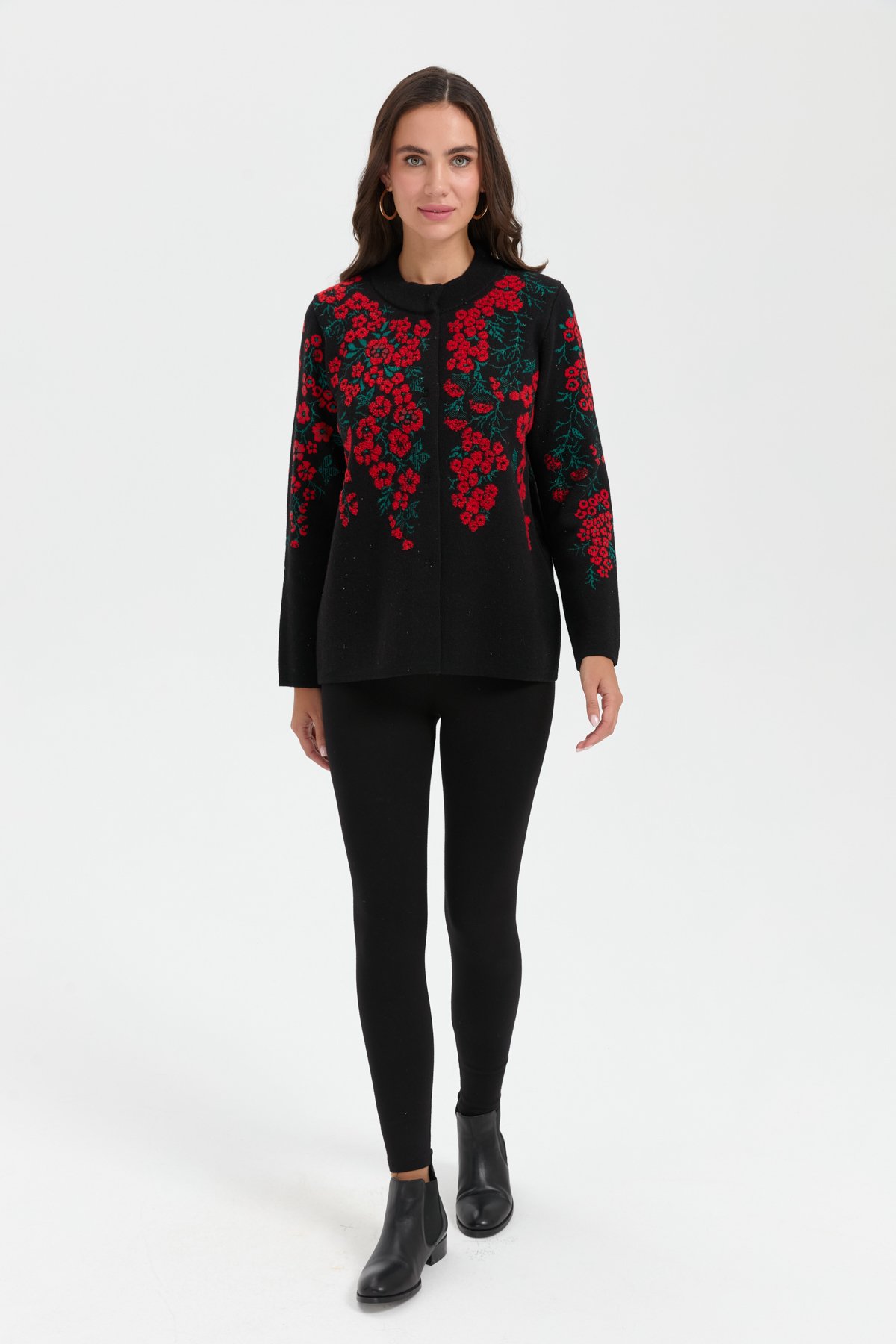 24019Kadın Dik Yaka Pıtırcık Çiçekli Yün Ceket Siyah