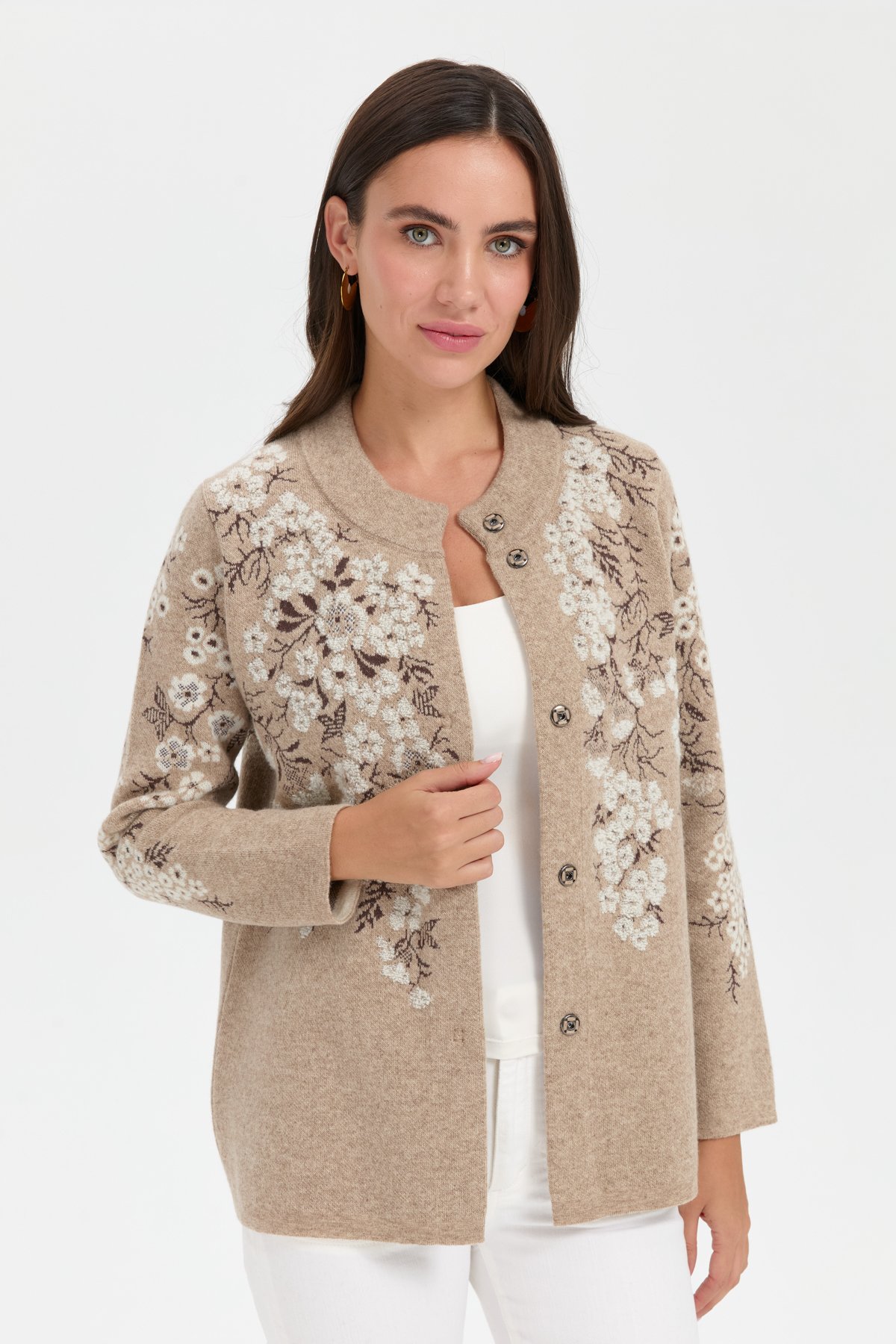 24019Kadın Dik Yaka Pıtırcık Çiçekli Yün Ceket K.Bej