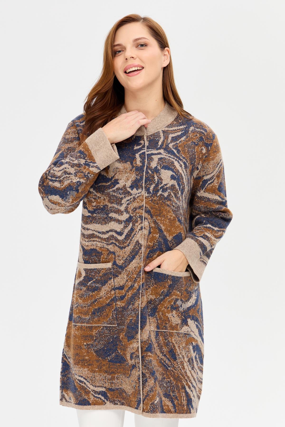 23126Women's Swan Neck Colorful Wave Patterned Long Wool Coat K.Beige