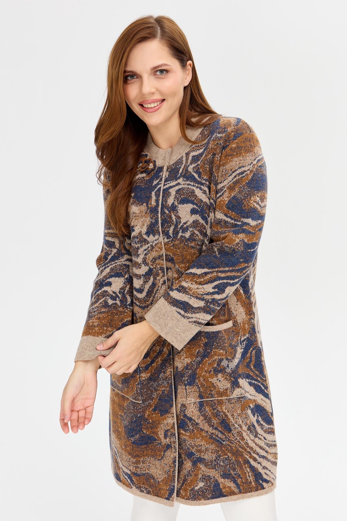 23126Women's Swan Neck Colorful Wave Patterned Long Wool Coat K.Beige