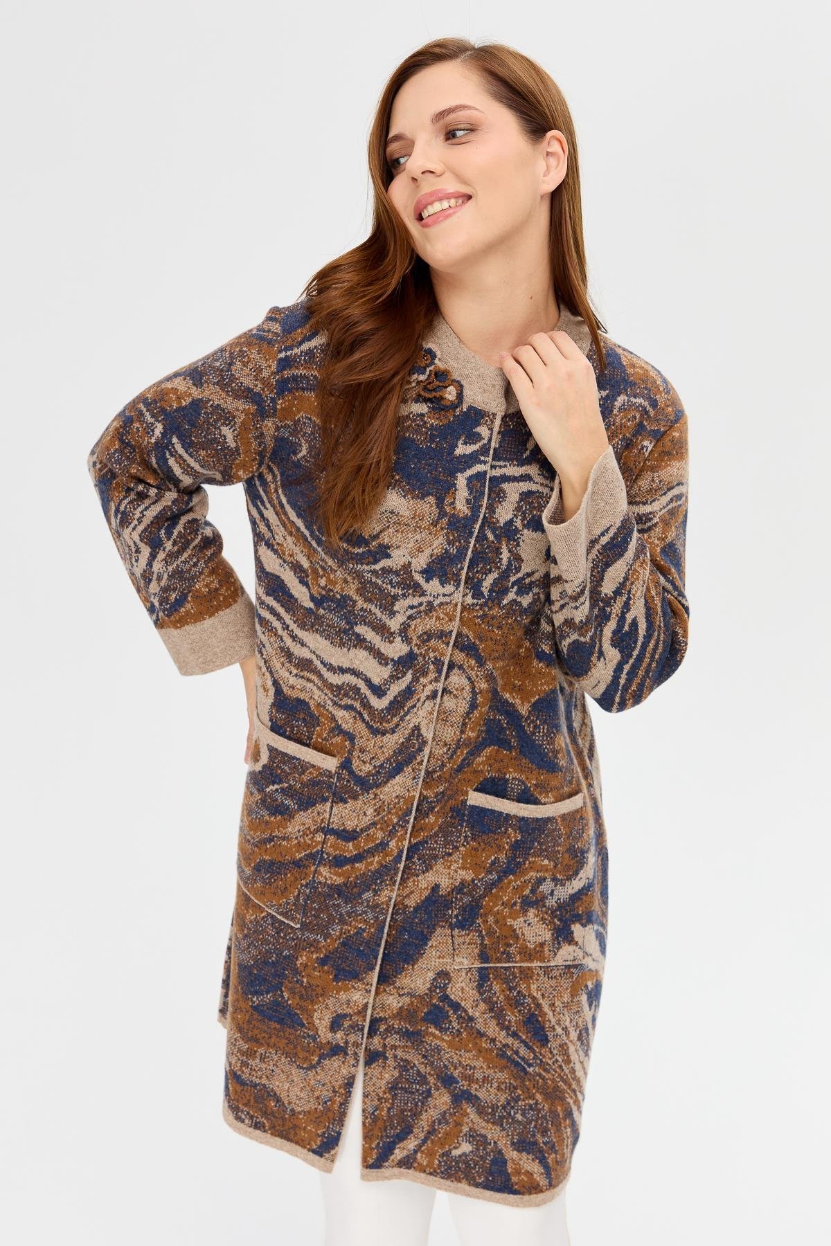 23126Women's Swan Neck Colorful Wave Patterned Long Wool Coat K.Beige