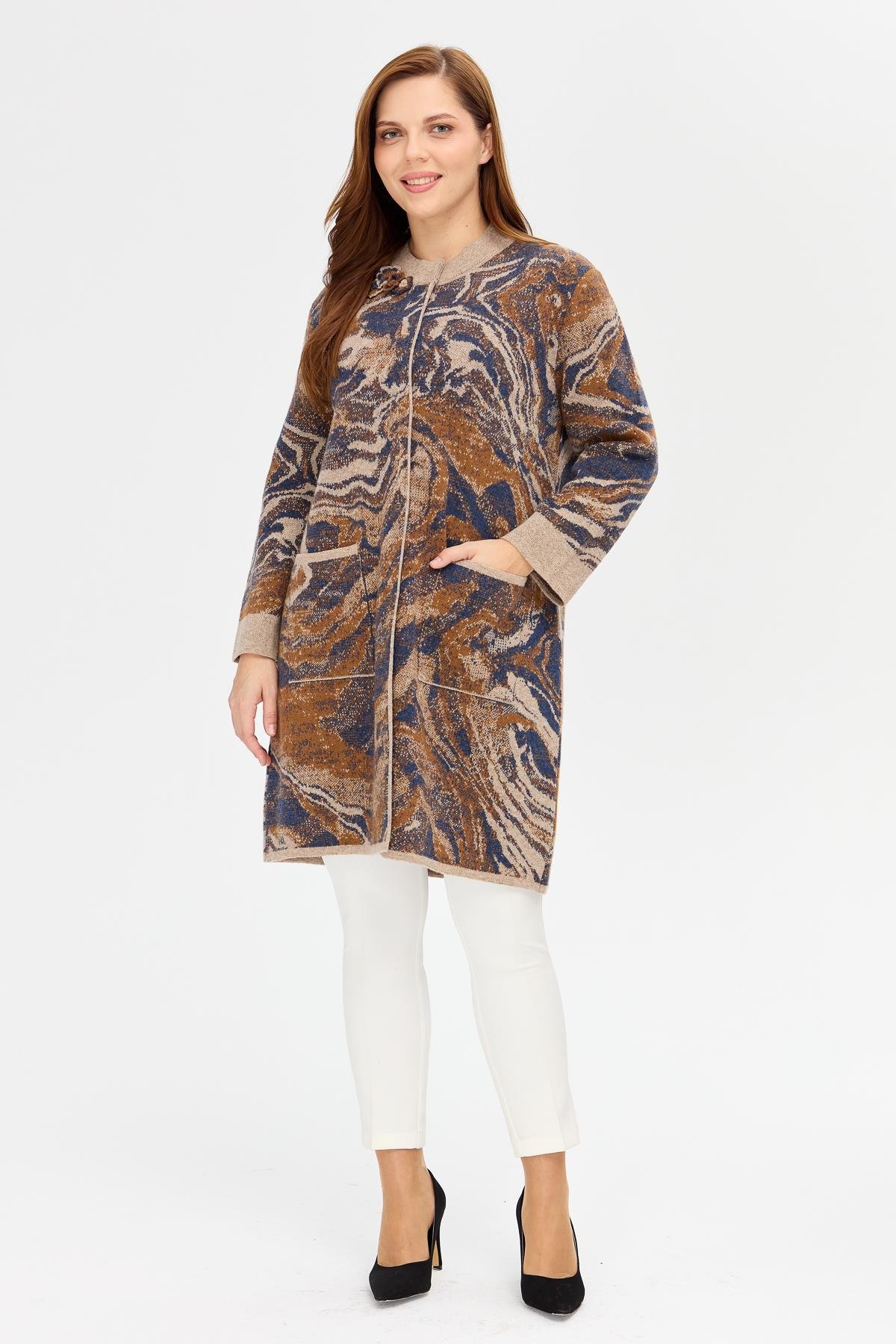 23126Women's Swan Neck Colorful Wave Patterned Long Wool Coat K.Beige