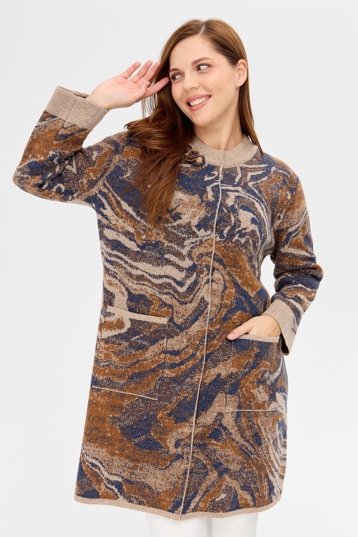 23126Women's Swan Neck Colorful Wave Patterned Long Wool Coat K.Beige