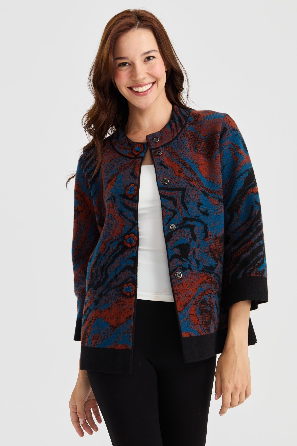 23125Kadın Dik Yaka Renkli Dalga Desenli Yün Kaban Siyah