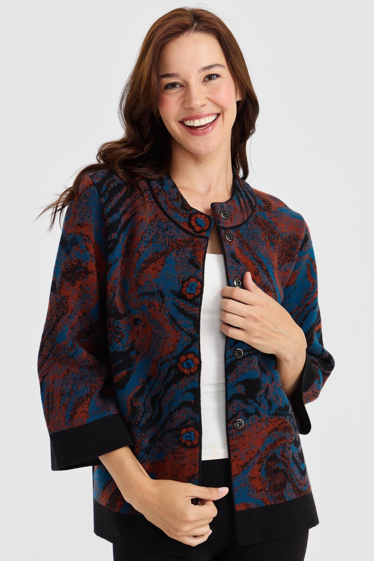 23125Kadın Dik Yaka Renkli Dalga Desenli Yün Kaban Siyah