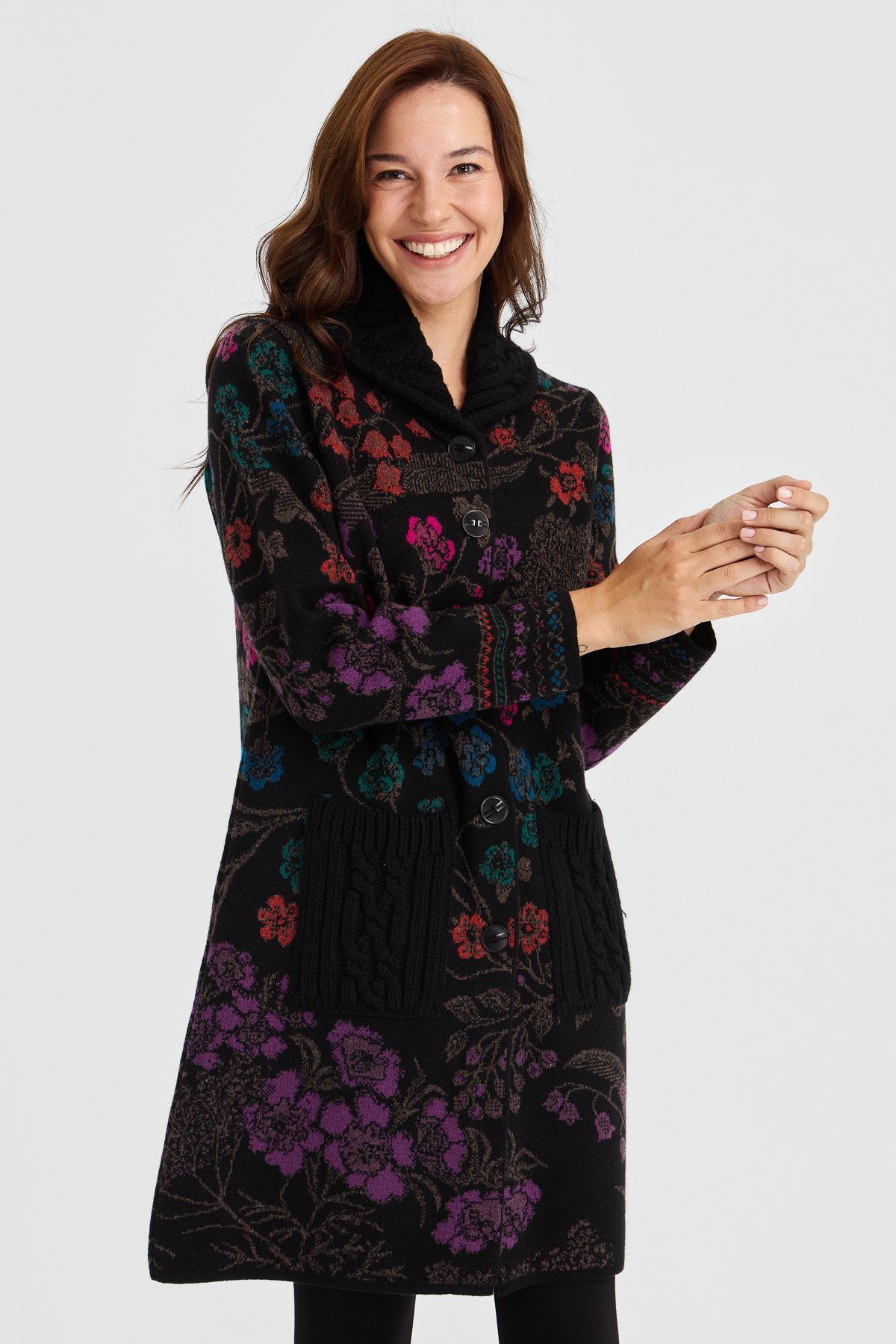 23018Kadın Dik Yaka Sarmaşık Çiçekli Uzun Yün Kaban Siyah