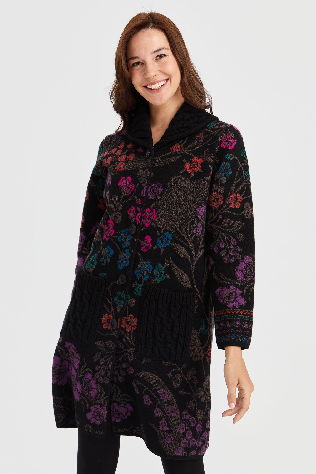23018Kadın Dik Yaka Sarmaşık Çiçekli Uzun Yün Kaban Siyah